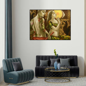 Sukanta Das's 'Avisarika 15' painting visualized above a sofa in a contemporary room.