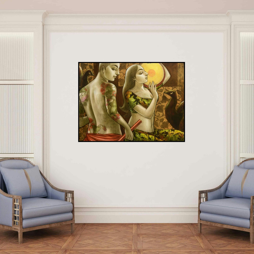 'Avisarika 15' painting by Sukanta Das shown on a wall in a furnished room.
