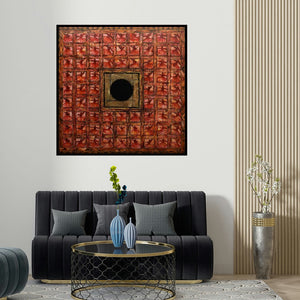 Radhika Seksaria's 'Azal (The Dance of Unity)' painting visualized above a sofa in a contemporary room.