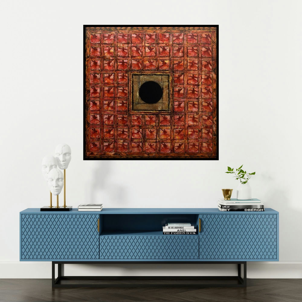 'Azal (The Dance of Unity)' painting by Radhika Seksaria shown on a wall in a furnished room.