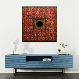 'Azal (The Dance of Unity)' painting by Radhika Seksaria shown on a wall in a furnished room.