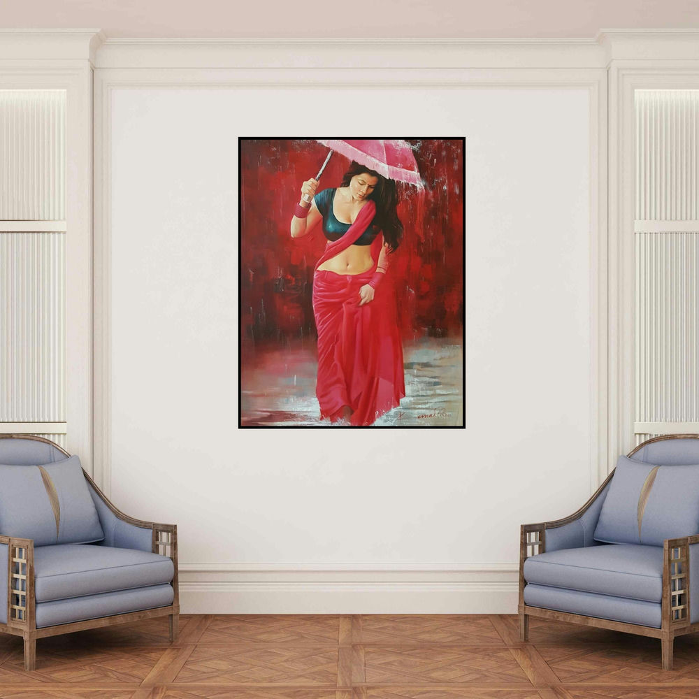 'Baarish' painting by Kamal Rao shown on a wall in a furnished room.