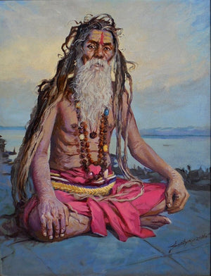 Religious acrylic painting titled 'Baba', 18x14 inches, by artist Sanjay Dorlikar on Canvas