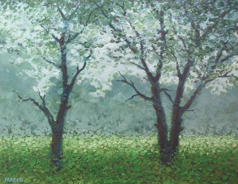 Landscape oil painting titled 'Babool tree', 18x14 inches, by artist Fareed Ahmed on Canvas Board