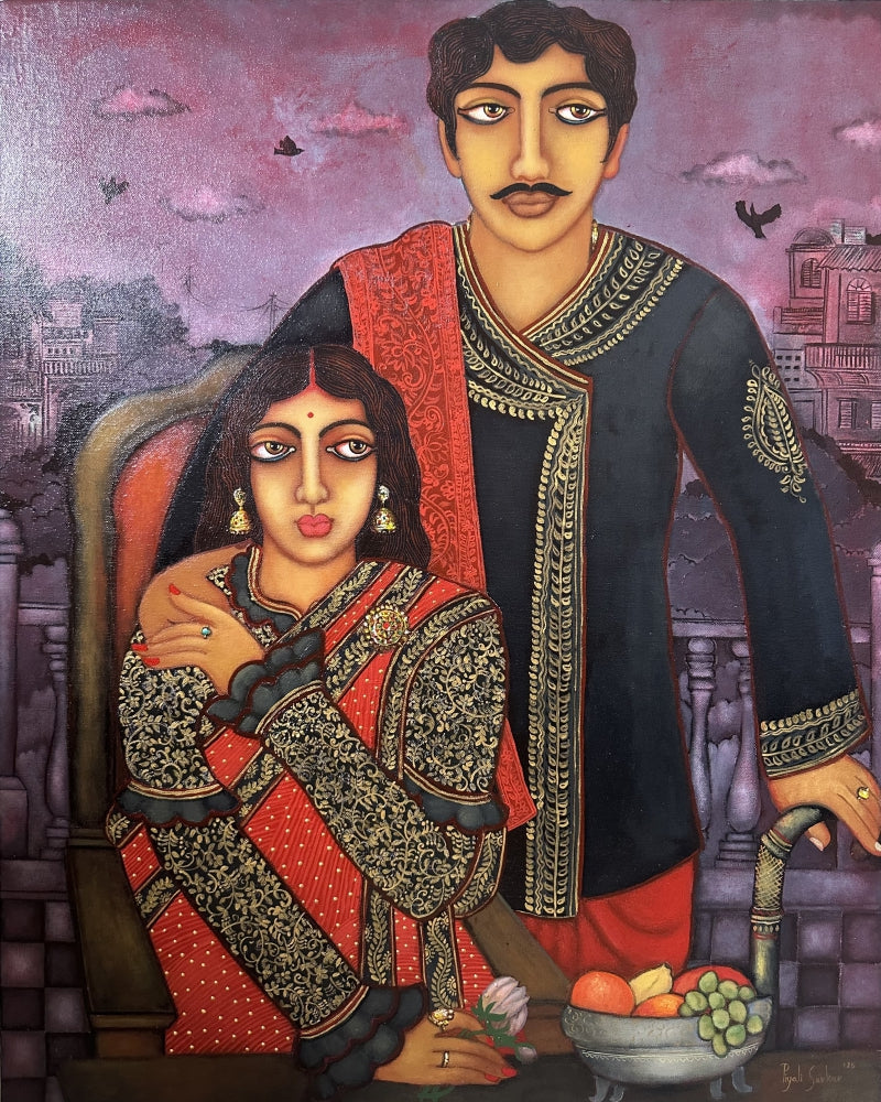 'Babu And Bibi' figurative acrylic painting by artist Piyali Sarkar, 30x24 inch, on canvas