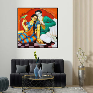 Gautam Mukherjee's 'Babu And Bibi 3' painting visualized above a sofa in a contemporary room.