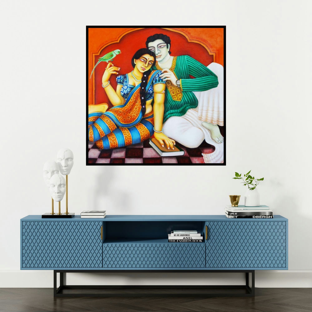 'Babu And Bibi 3' painting by Gautam Mukherjee shown on a wall in a furnished room.
