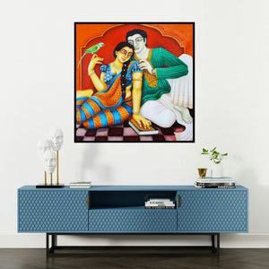 'Babu And Bibi 3' painting by Gautam Mukherjee shown on a wall in a furnished room.