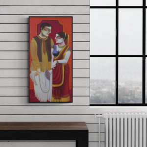 Preview of 'Babu And Bibi 5' Painting by Gautam Mukherjee shown on a wall in a furnished room.