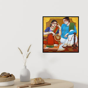 In-situ view of Gautam Mukherjee's 'Babu And Bibi 6 (Couple in Conversation)' painting in a room