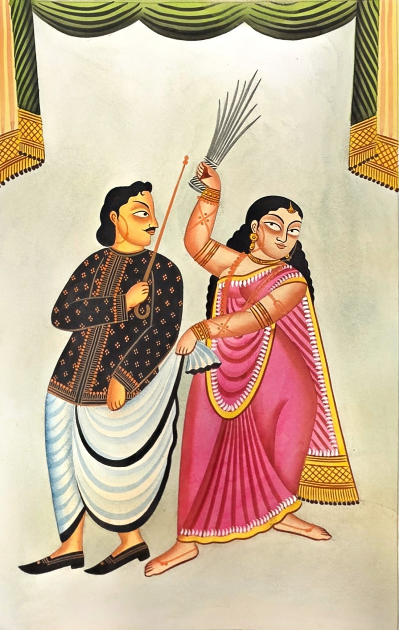 Babu Biwi' figurative kalighat Traditional Art by artist Anwar Chitrakar, 22x14 inch, on paper
