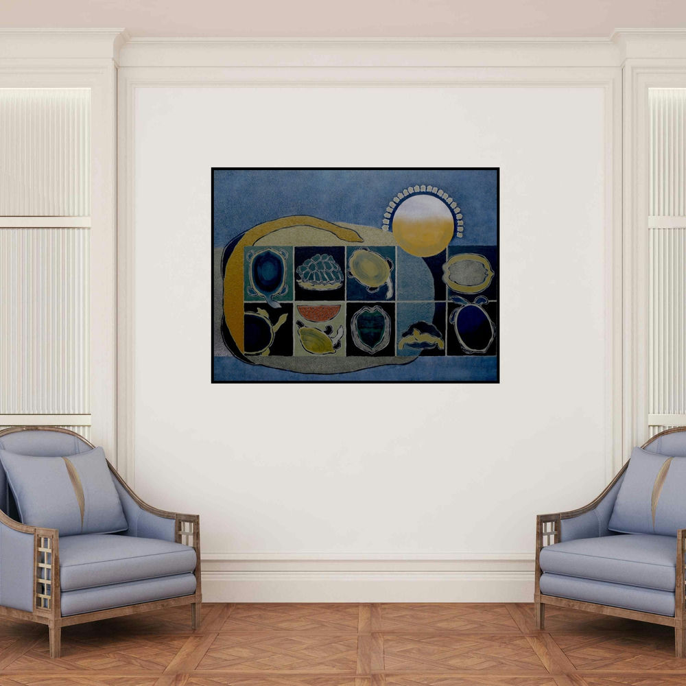 'Back To Nature 1 (Sunlit Shells)' painting by Chandrakant Halyal shown on a wall in a furnished room.