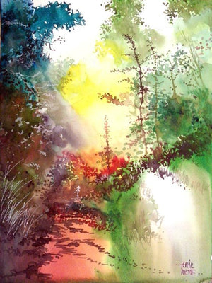 Back To Jungle by Anil Nene, Original Watercolor Landscape Painting on Paper, Small Vertical Wall Art