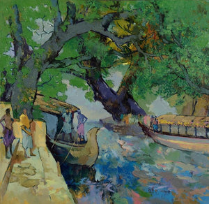 Back Water (Backwater Serenade) by Sikandar Mulla, Original Oil Seascape Painting on Canvas, Medium Horizontal Wall Art