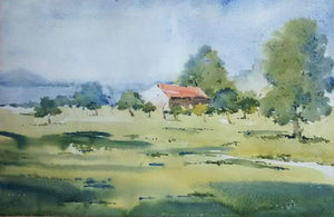 Backside Of Mihan (Rural Idyll) by Ghanshyam Dongarwar, Original Watercolor Landscape Painting on Cold Pressed Paper, Small Horizontal Wall Art