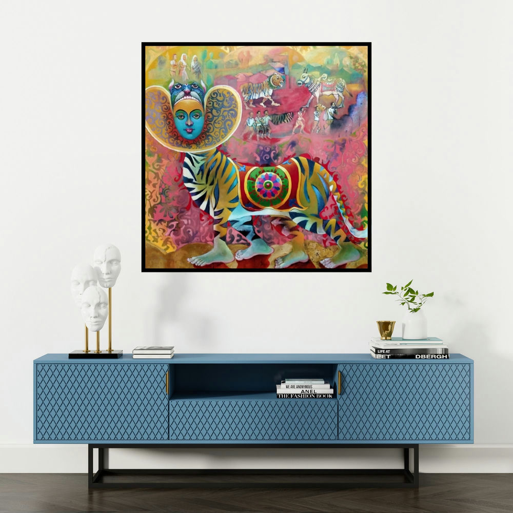 'Bagha Nacha (The Enigmatic Beast)' painting by Kanha Behera shown on a wall in a furnished room.