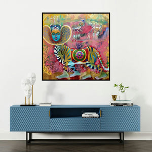 'Bagha Nacha (The Enigmatic Beast)' painting by Kanha Behera shown on a wall in a furnished room.
