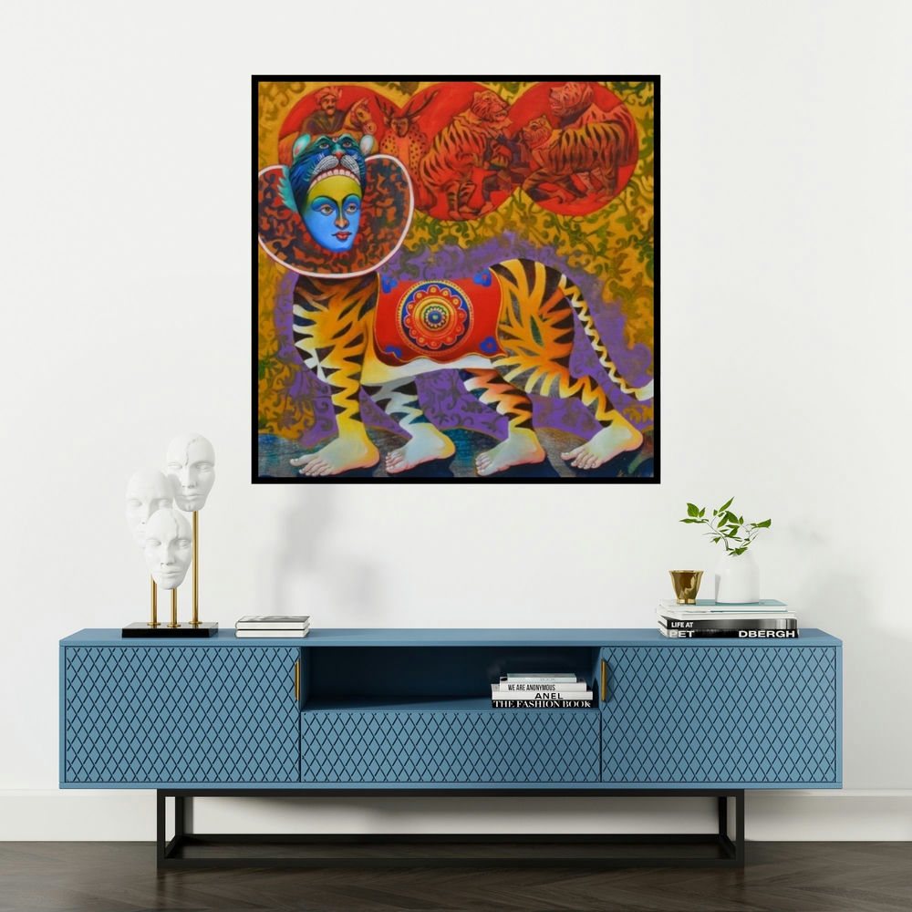 'Bagha Nacha 2 (Bagha Nacha 2)' painting by Kanha Behera shown on a wall in a furnished room.