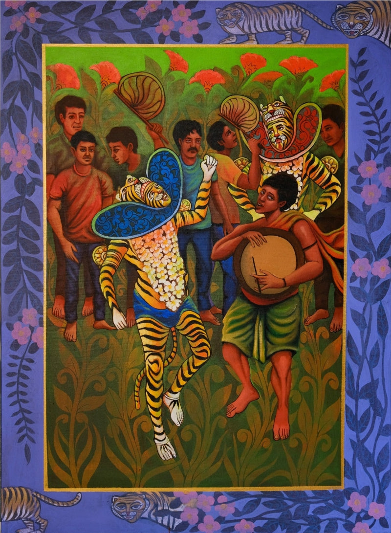 Bagha Nata 3' religious acrylic painting by artist Kanha Behera, 48x36 inch, on canvas