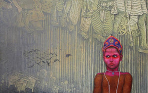 contemporary mixed media painting titled 'Bahurupi 3', 36x60 inches, by artist Biswajit Roy on Canvas