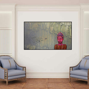 'Bahurupi 3' painting by Biswajit Roy shown on a wall in a furnished room.