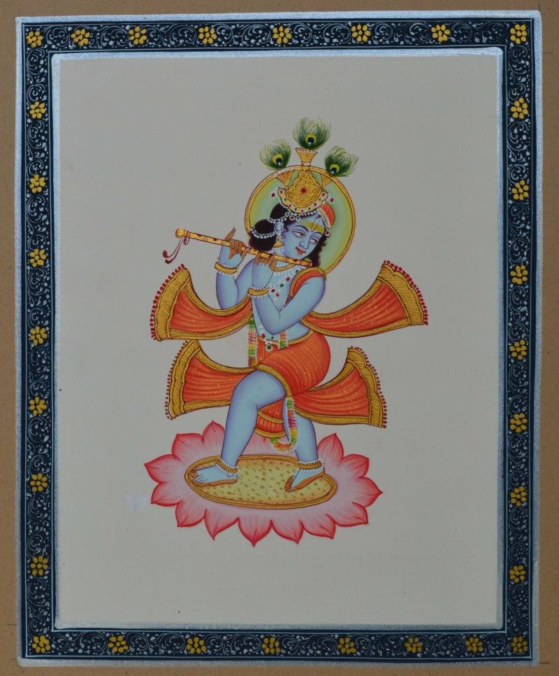 Religious miniature traditional art titled 'Bal Krishna Playing Flute', 8x7 inches, by artist Unknown on Paper