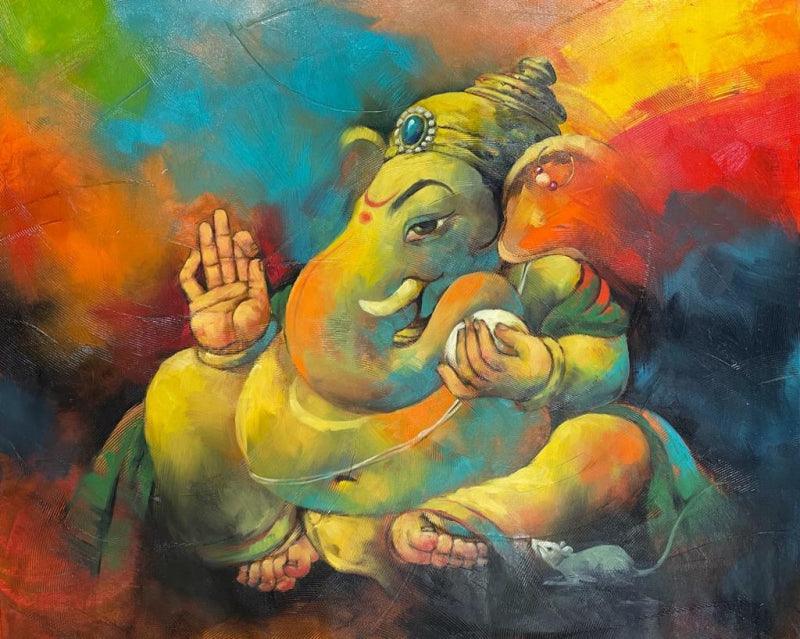 Religious oil painting titled 'Balaganapati', 34x42 inches, by artist Namdev Patil on Canvas