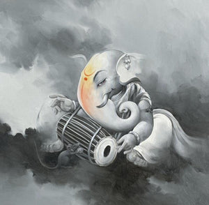 Religious oil painting titled 'Balaganapati', 34x34 inches, by artist Namdev M Patil on Canvas