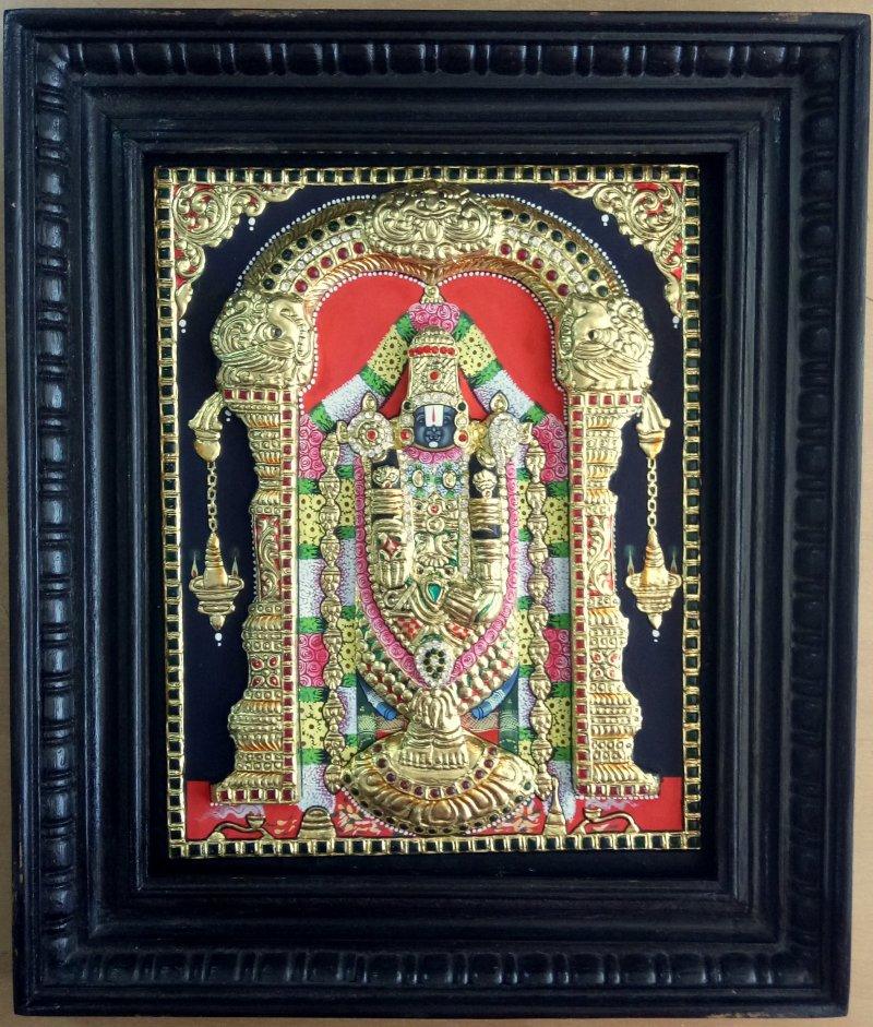 Religious tanjore traditional art titled 'Balaji Tanjore Painting', 14x18 inches, by artist VANI VIJAY on Plywood