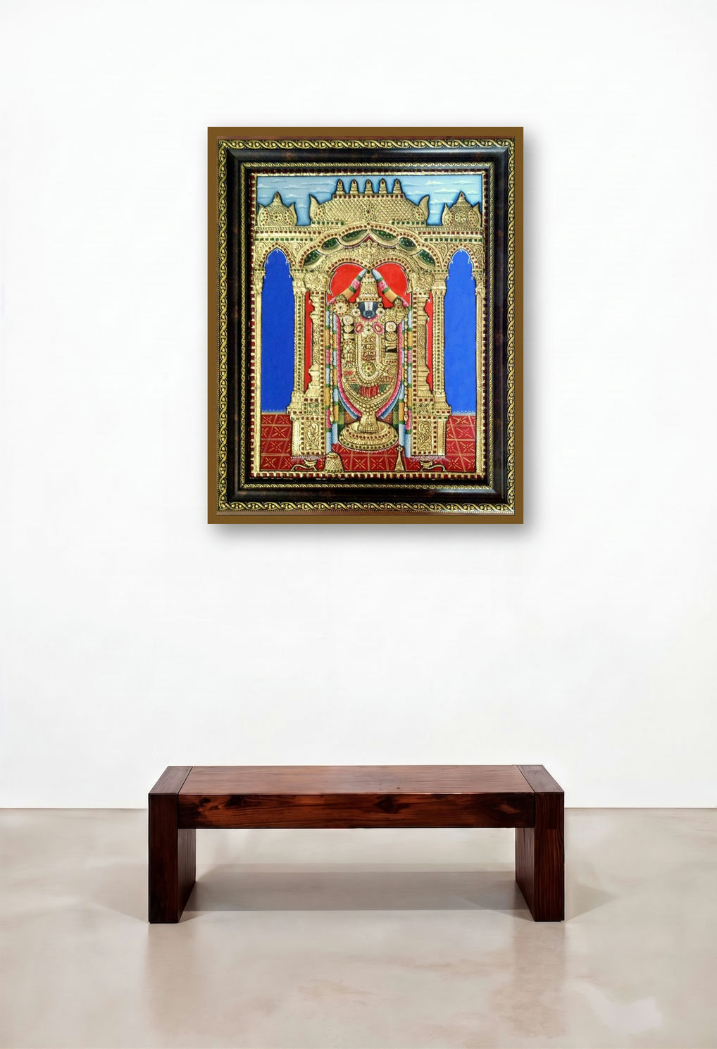 Balaji Tanjore Painting Ii (Lord Venkateswara) by artist Vani Vijay displayed in a Contemporary Luxury Home Office