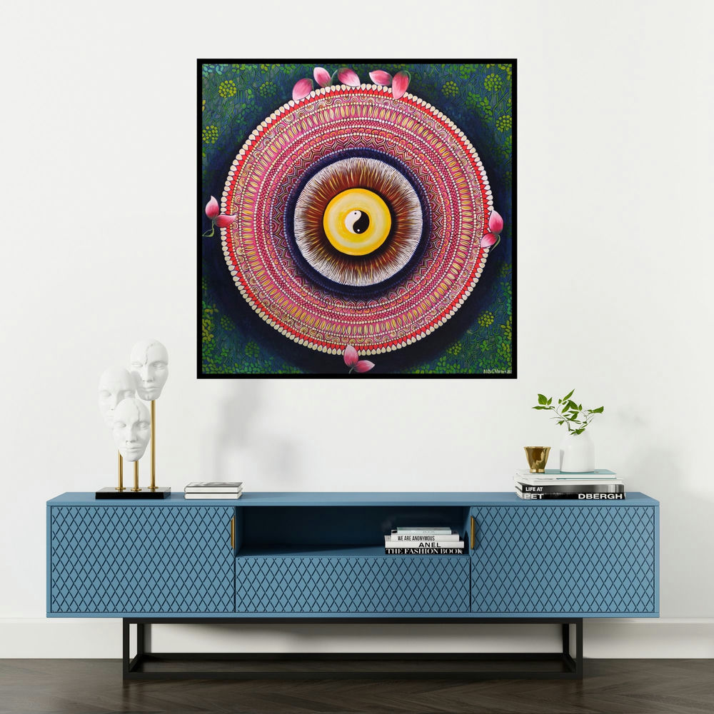 'Balance (The Cosmic Eye)' painting by Nitu Chhajer shown on a wall in a furnished room.