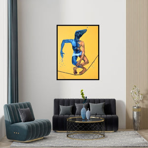 Preview of 'Balance For (The Balancing Act)' Painting by Swapnil Ramgade shown on a wall in a furnished room.