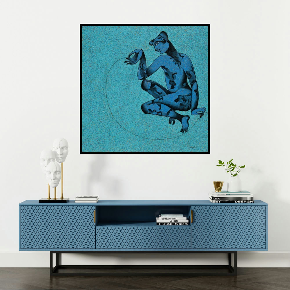 'Balance (Balancing Act: A Figurative Study in Blue)' painting by Chikmath Fv shown on a wall in a furnished room.