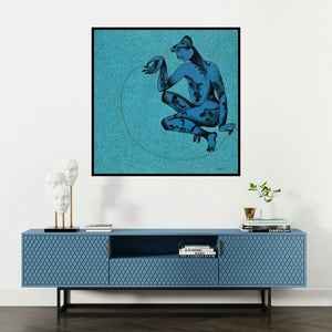 'Balance (Balancing Act: A Figurative Study in Blue)' painting by Chikmath Fv shown on a wall in a furnished room.