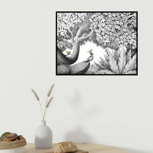 Umakant Kanade's 'Balancing Under The Tree' painting visualized above a sofa in a contemporary room.