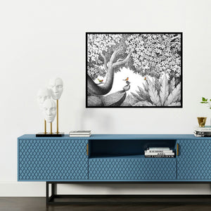 'Balancing Under The Tree' painting by Umakant Kanade shown on a wall in a furnished room.
