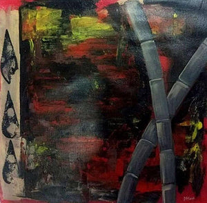 Bamboo (Crimson Currents) by Paresh More, Original Acrylic Nature Painting on Canvas, Small Square Wall Art