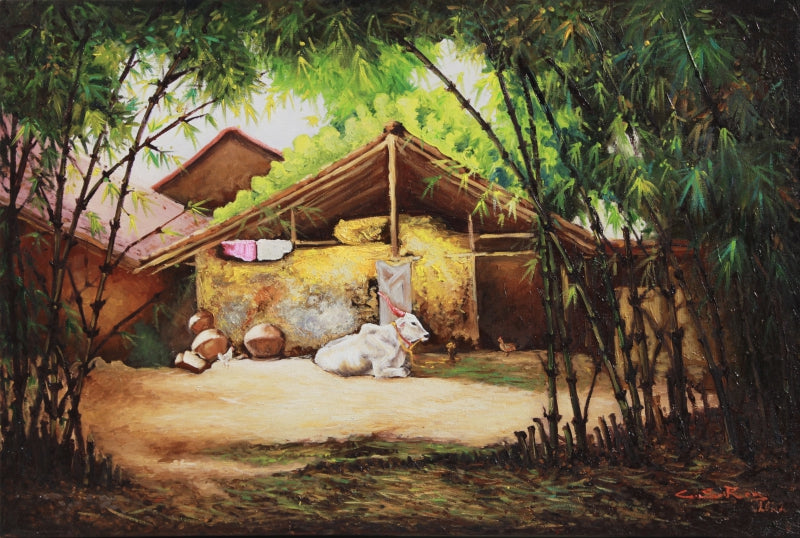 Bamboo Backyard 2' landscape oil painting by artist Sriram Chinnadurai, 24x36 inch, on canvas