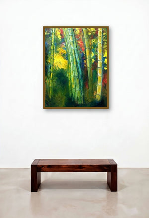 Bamboo Trees (Emerald Canopy) by artist Kiran Bableshwar displayed in a Boutique Hotel Style Dining Room