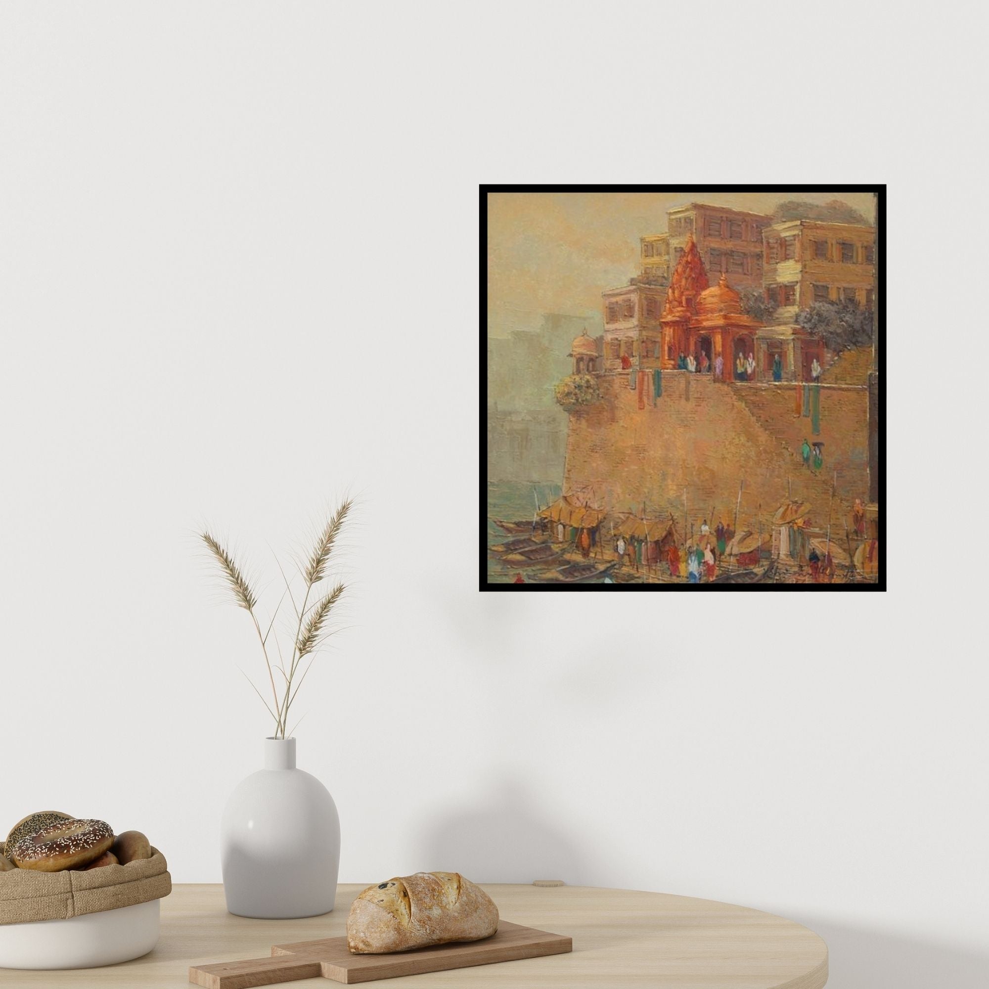 In-situ view of Yashwant Shirwadkar's 'Banaras 1 (Sacred Shores)' painting in a room