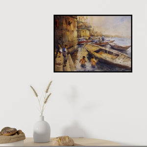 In-situ view of Subrata Malakar's 'Banaras 1 (Life on the Ganges)' painting in a room
