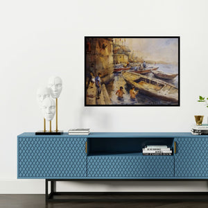 Preview of 'Banaras 1 (Life on the Ganges)' Painting by Subrata Malakar shown on a wall in a furnished room.