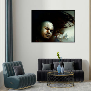 Amit Bhar's 'Banaras' painting visualized above a sofa in a contemporary room.
