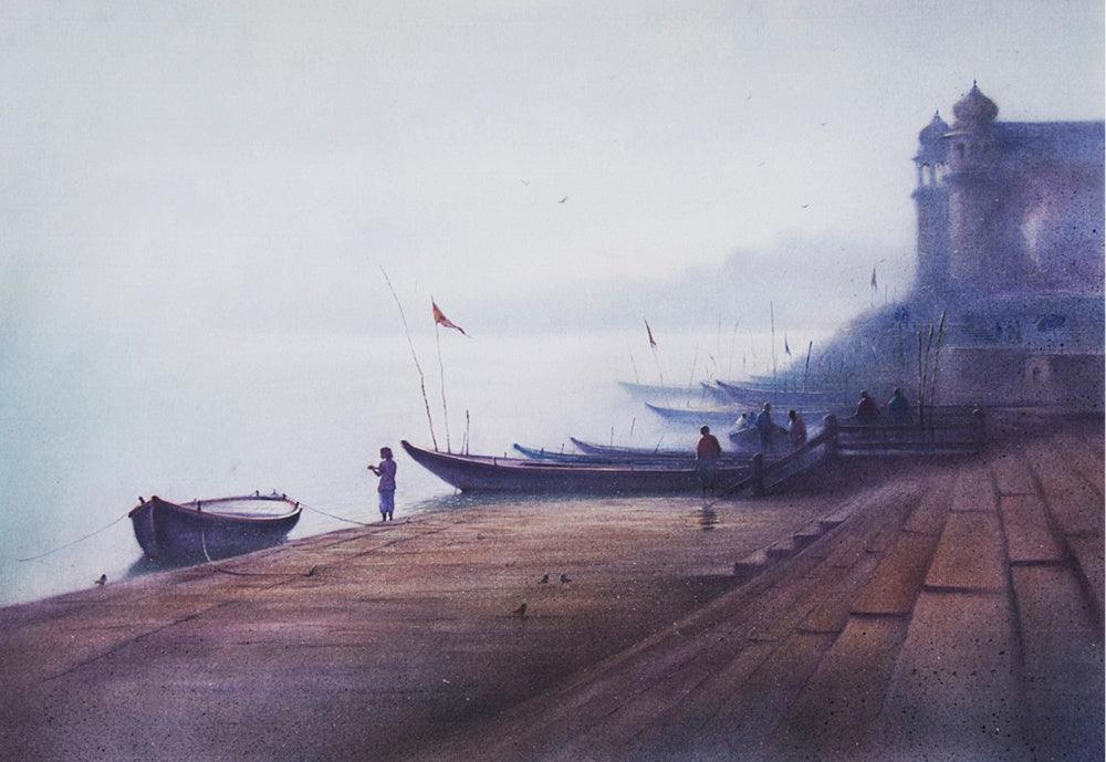 Cityscape dry pastel painting titled 'Banaras 1', 26x38 inches, by artist Nilesh Bharti on Paper