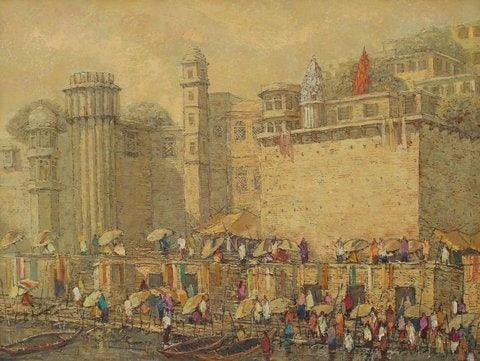 Cityscape oil painting titled 'Banaras 10', 30x40 inches, by artist Yashwant Shirwadkar on Canvas