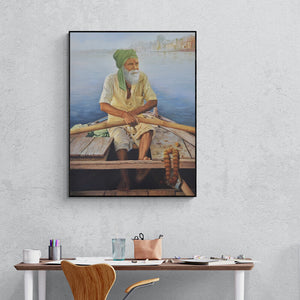 In-situ view of Kamal Rao's 'Banaras (Monk at Buddha Statue)' painting in a room