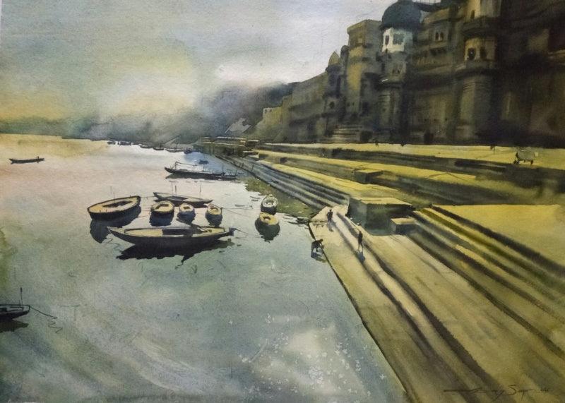 Cityscape watercolor painting titled 'Banaras 3', 22x30 inches, by artist Ajay Sangve on paper