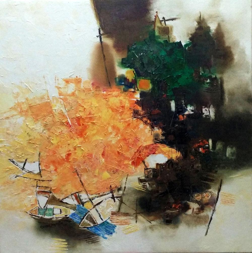 Cityscape oil painting titled 'Banaras 37', 24x24 inches, by artist Anand Narain on Canvas
