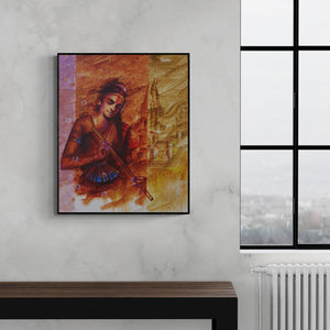 Preview of 'Banaras Beauty 1 (Divine Melody Flute and the Temple)' Painting by Pradeep Kumar shown on a wall in a furnished room.