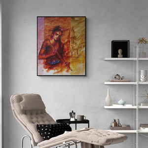 Pradeep Kumar's painting 'Banaras Beauty 1 (Divine Melody Flute and the Temple)' displayed in a modern living room setting